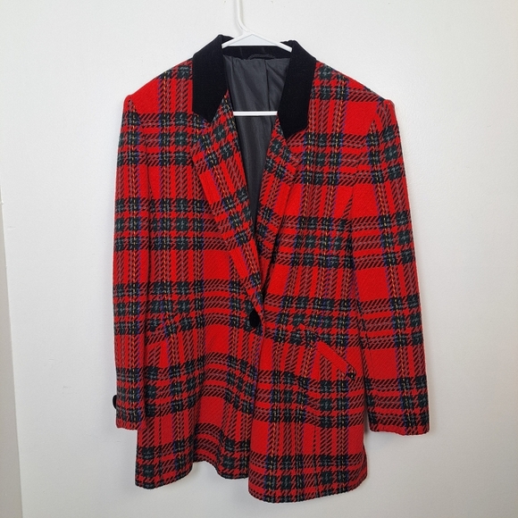Vintage Red Green Wool Blend Plaid Houndstooth Single Breasted Blazer Size 10 - Picture 1 of 7